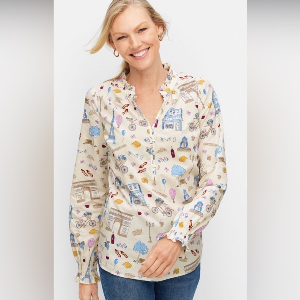 Talbots Paris Icons Popover Cotton Ruffle Blouse Womens Size Small Petite French